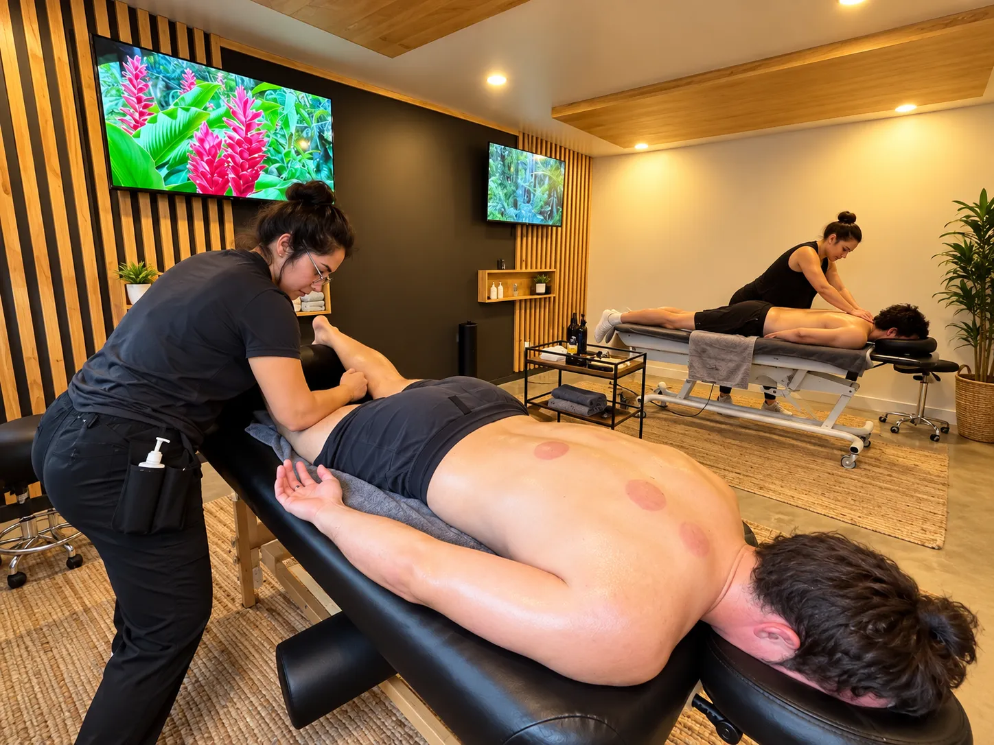 Therapists providing hands-on tissue work in a warm, wood-slat treatment studio