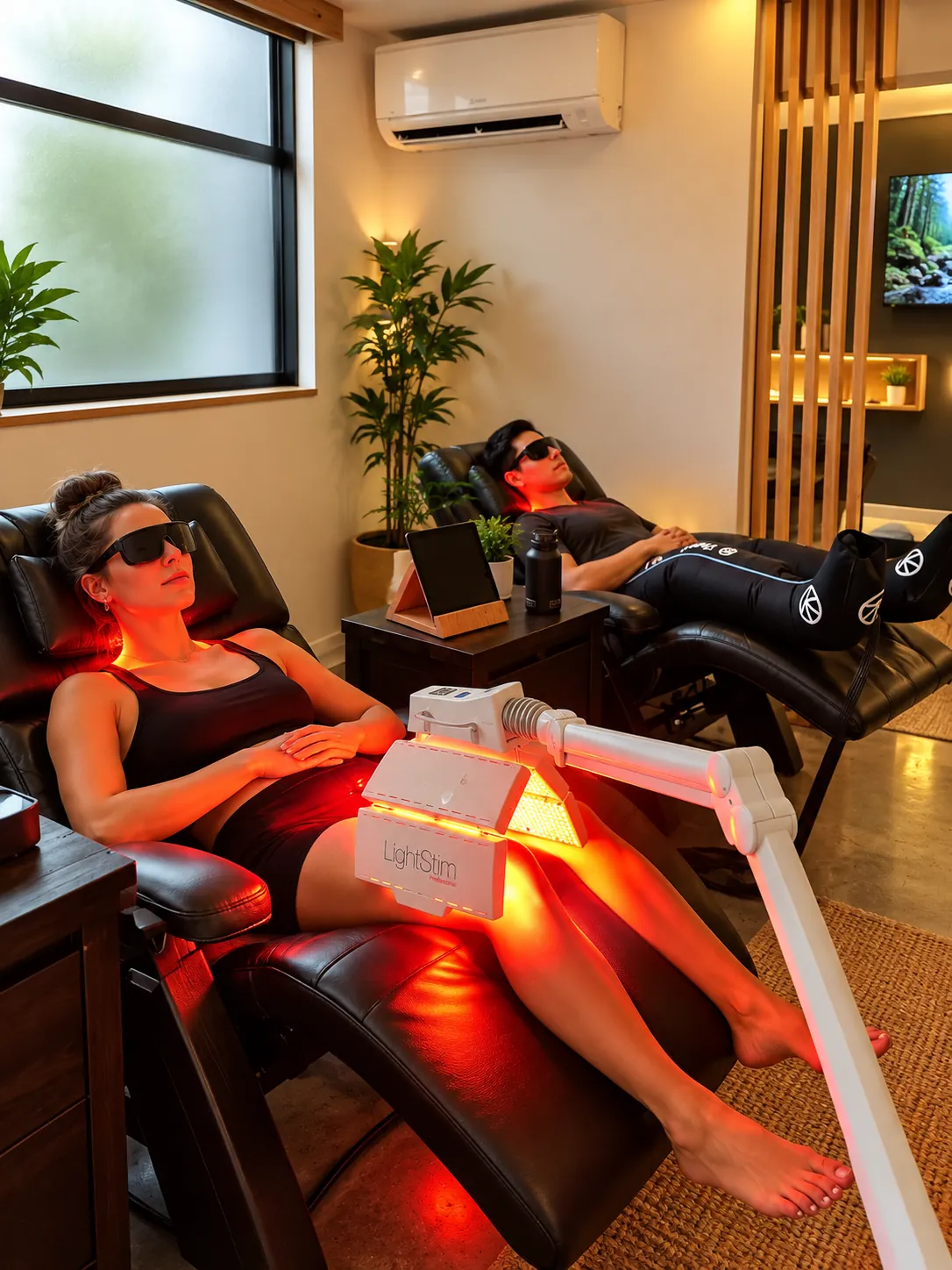 Clients relaxing in recovery chairs with red-light therapy and compression equipment