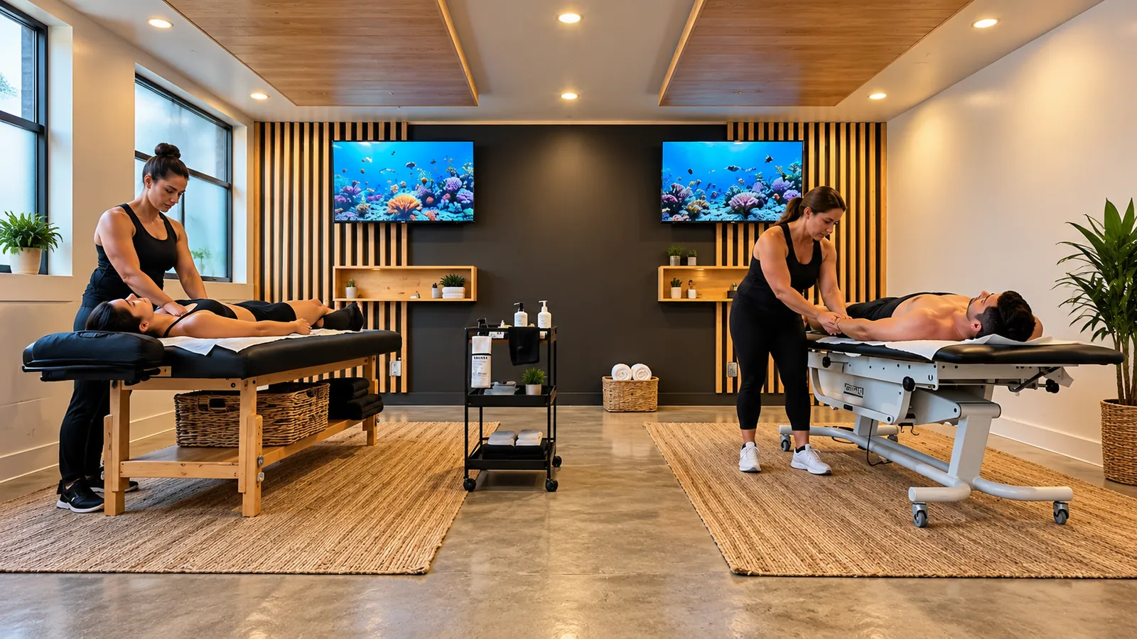 Two therapists providing hands-on care in a bright studio with wood-slat walls